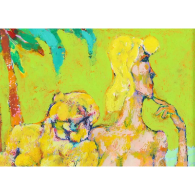 Harry Sternberg Abstract Semi Nude Oil Painting of Poolside Couple