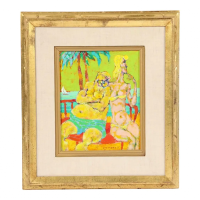 Harry Sternberg Abstract Semi Nude Oil Painting of Poolside Couple