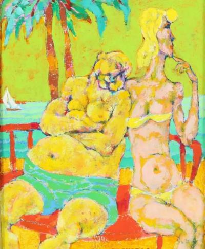 Harry Sternberg Abstract Semi Nude Oil Painting of Poolside Couple