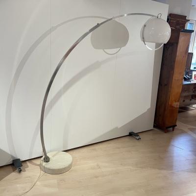 Harvey Guzzini Arc Floor Lamp by Guzzini Aluminum Travertine Italy circa 1970