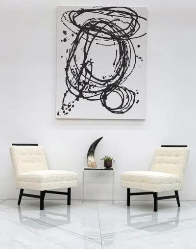Harvey Probber 1950s Harvey Probber Style Ebonized Slipper Lounge Chairs in Heavy Boucle