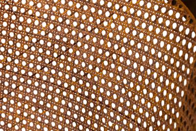 Harvey Probber American Mid Century Dark Wood Caning and Striped Upholstery Ar
