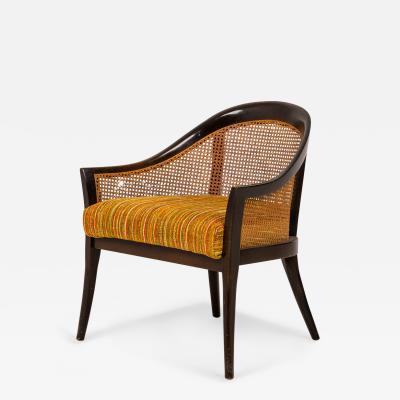 Harvey Probber American Mid Century Dark Wood Caning and Striped Upholstery Ar