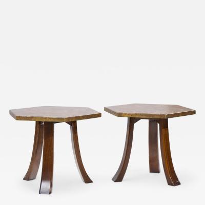 Harvey Probber Harvey Probber Acid Etched Bronze and Mahogany Hexagon Side Tables Pair