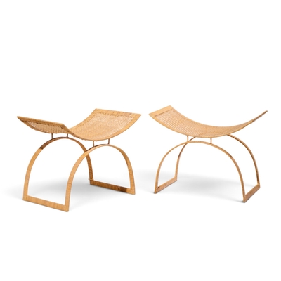 Harvey Probber Harvey Probber Artisan Collection Mid Century Rattan Over Steel Stools Pair