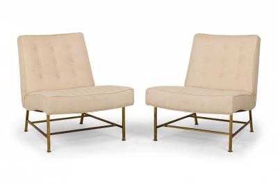 Harvey Probber Harvey Probber Beige Zig Zag Textured Upholstery and Brass Slipper Chairs
