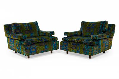 Harvey Probber Harvey Probber Mid Century Green and Blue Patterned Velvet Cube Armchairs