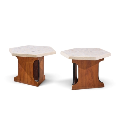 Harvey Probber Harvey Probber Mid Century Walnut and Terrazzo Top Hexagon Side Tables Pair
