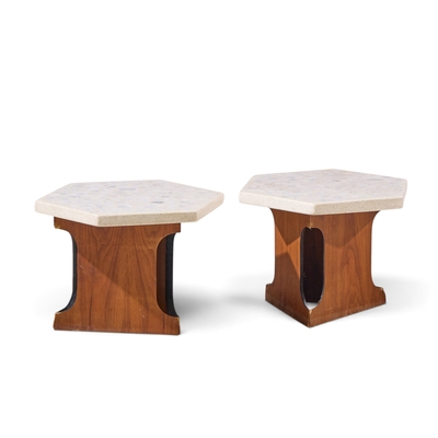 Harvey Probber Harvey Probber Mid Century Walnut and Terrazzo Top Hexagon Side Tables Pair