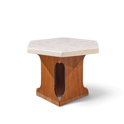 Harvey Probber Harvey Probber Mid Century Walnut and Terrazzo Top Hexagon Side Tables Pair