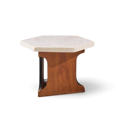 Harvey Probber Harvey Probber Mid Century Walnut and Terrazzo Top Hexagon Side Tables Pair