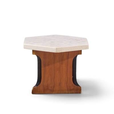 Harvey Probber Harvey Probber Mid Century Walnut and Terrazzo Top Hexagon Side Tables Pair