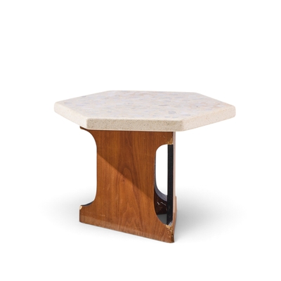 Harvey Probber Harvey Probber Mid Century Walnut and Terrazzo Top Hexagon Side Tables Pair