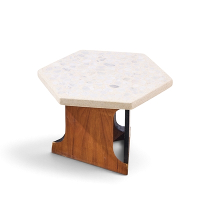 Harvey Probber Harvey Probber Mid Century Walnut and Terrazzo Top Hexagon Side Tables Pair