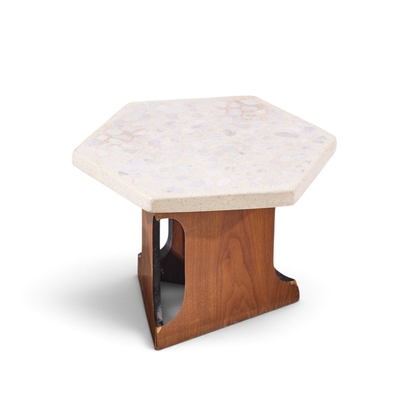 Harvey Probber Harvey Probber Mid Century Walnut and Terrazzo Top Hexagon Side Tables Pair