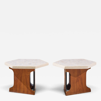 Harvey Probber Harvey Probber Mid Century Walnut and Terrazzo Top Hexagon Side Tables Pair