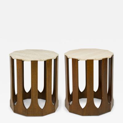 Harvey Probber Pair of Harvey Probber Travertine Topped Wood Decagon End Side Tables