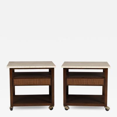 Harvey Probber Pair of Mahogany Wood and Travertine Harvey Probber End Tables Nightstands 1960