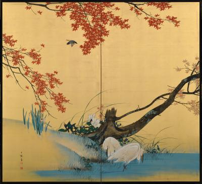 Hasegawa Gyokujun Meiji era Japanese Screen Pair Two panel Spring Autumn Birds Flowers