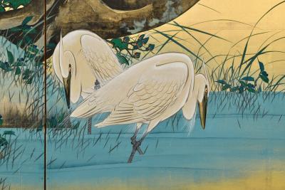 Hasegawa Gyokujun Meiji era Japanese Screen Pair Two panel Spring Autumn Birds Flowers