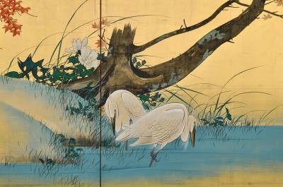 Hasegawa Gyokujun Meiji era Japanese Screen Pair Two panel Spring Autumn Birds Flowers