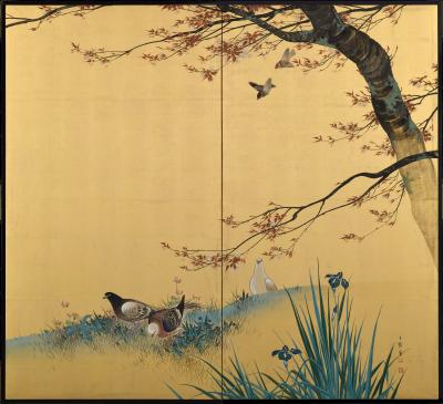Hasegawa Gyokujun Meiji era Japanese Screen Pair Two panel Spring Autumn Birds Flowers