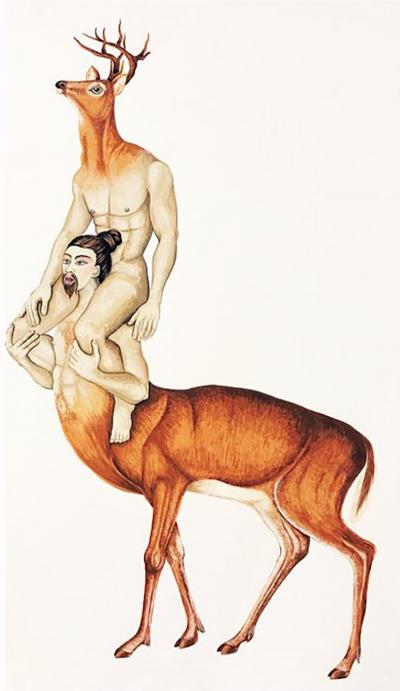 Heather Ujiie Erotic Tree Of Life Two Half Deer Figures 2014