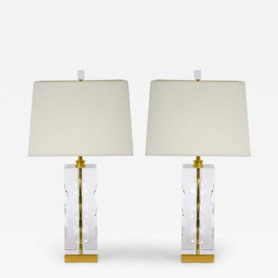 Heavy Cut Glass Italian Art Deco Style Pair Table Lamp