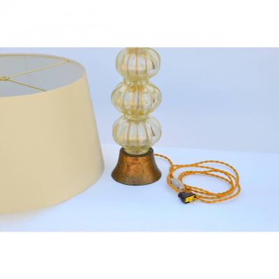 Heavy Gilt Murano Glass Stem Lamp with Custom Silk Shade