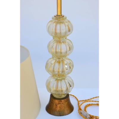 Heavy Gilt Murano Glass Stem Lamp with Custom Silk Shade