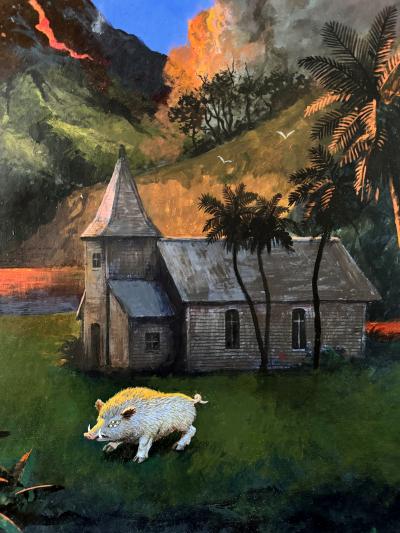 Hector Garrido Erupting Volcano in Hawaii Surreal Painting for Fires of Eden Book Cover