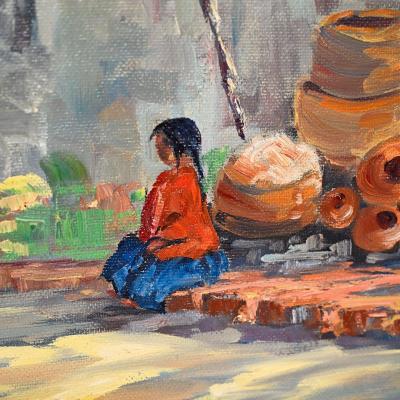 Helen Hafer Village Scene Oil Painting on Board Signed Helen Hafer