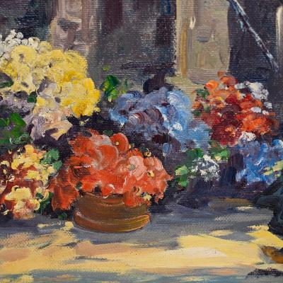 Helen Hafer Village Scene Oil Painting on Board Signed Helen Hafer