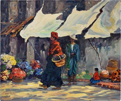 Helen Hafer Village Scene Oil Painting on Board Signed Helen Hafer