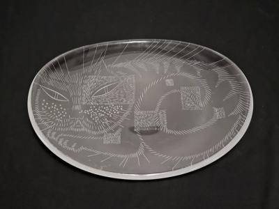 Helena Tynell Rare Helena Tynell Engraved Cat Dish Model 6638 for Riihim en Lasi Oy 1950s