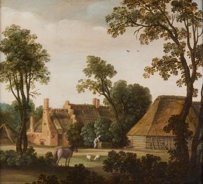 Hendrick Bloemaert 17th century Dutch School oil landscape with a farmhouse and animals