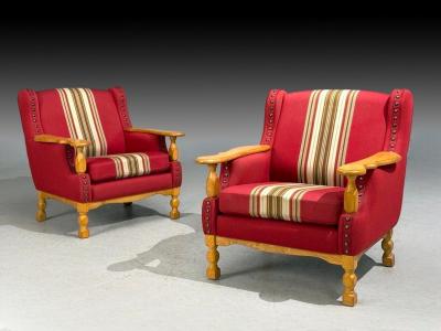Henning Kjaernulf Henning Kj rnulf Style Lounge Chairs Red Fabric Oak Denmark 1960s