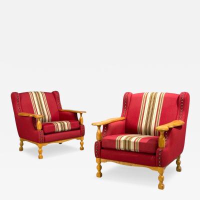 Henning Kjaernulf Henning Kj rnulf Style Lounge Chairs Red Fabric Oak Denmark 1960s