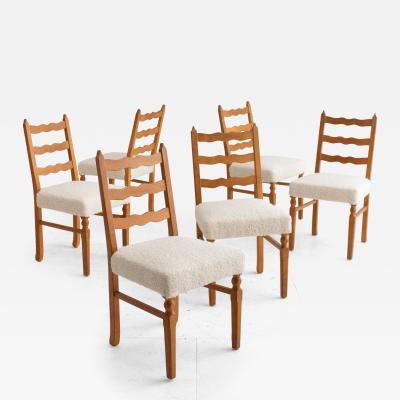 Henning Kjaernulf Rustic Danish Modern Oak Dining Chairs in Boucl a Set of 6