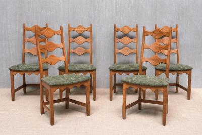 Henning Kjaernulf Set of 6 Henning Kj rnulf Dining Chairs in Oak and Pierre Frey Tweed 1960s