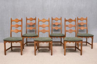 Henning Kjaernulf Set of 6 Henning Kj rnulf Dining Chairs in Oak and Pierre Frey Tweed 1960s