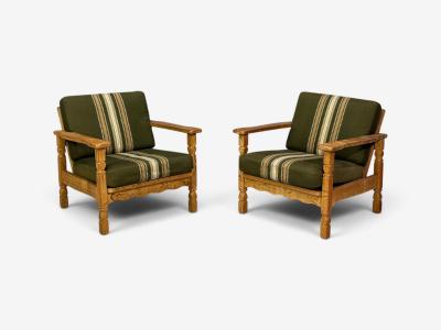 Henning Kjaernulf Style Lounge Chairs Oak Fabric Denmark 1970s