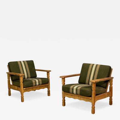 Henning Kjaernulf Style Lounge Chairs Oak Fabric Denmark 1970s