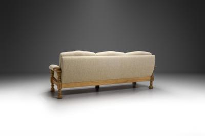 Henning Kjaernulf Three Seater Sofa with Carved Oak Frame Denmark ca 1960s