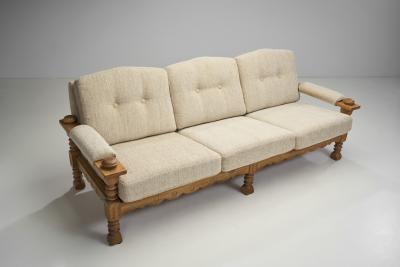 Henning Kjaernulf Three Seater Sofa with Carved Oak Frame Denmark ca 1960s