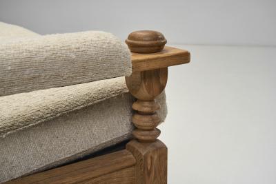 Henning Kjaernulf Three Seater Sofa with Carved Oak Frame Denmark ca 1960s