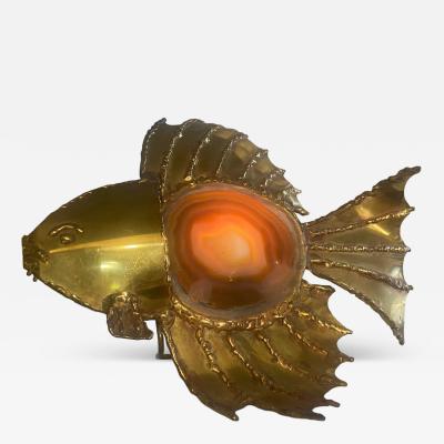 Henri Fernandez 1970s Sculptural fish brass and agate lamp by Henri Fernandez