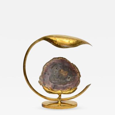 Henri Fernandez Brass Leaf and Petrified Wood Sculptural Table Lamp by Henri Fernandez