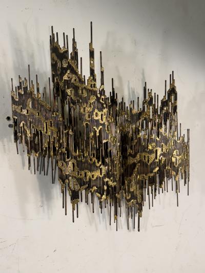 Henri Fernandez LARGE MID CENTURY PAIR OF BRUTALIST METAL WALL SCONCES