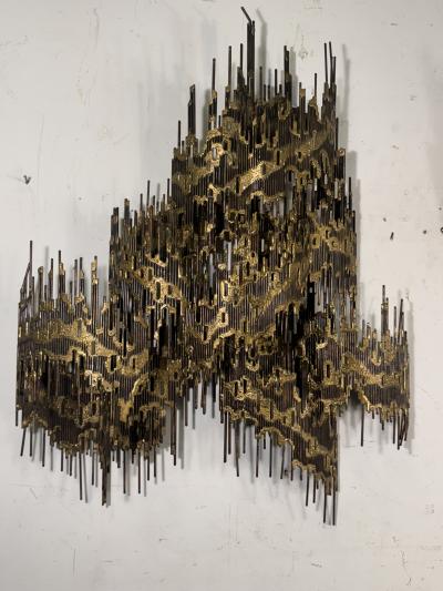 Henri Fernandez LARGE MID CENTURY PAIR OF BRUTALIST METAL WALL SCONCES